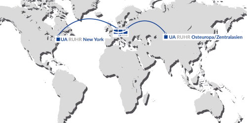 Weltkarte, auf der die Verbindungsbüros der UA Ruhr markiert sind und mit Pfeilen zurück zur UA Ruhr-Zentrale weisen