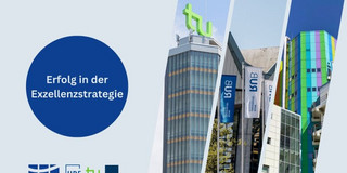 Rechts ist eine Collage mit Fotos der TU Dortmund, der Ruhr-Universität Bochum und der Universität Duisburg-Essen zu sehen. Links ist ein blauer Kreis mit dem Schriftzug "Erfolg in der Exzellenzstrategie" abgebildet.