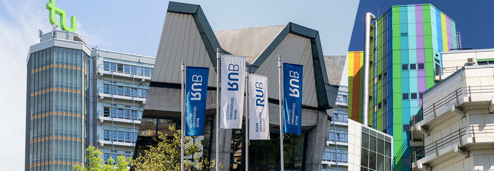 Collage of three striking buildings of the UA Ruhr universities