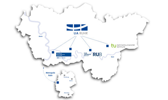 Karte des Ruhrgebiets, in der die vier Standorte der UA Ruhr gekennzeichnet sind